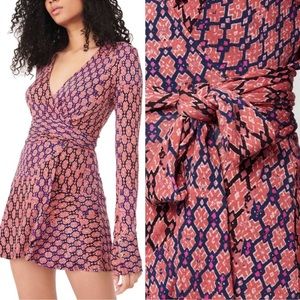 Free People Rhetta Rusty Rose Multi Print Long Sleeve Mini Wrap Dress Size XS
